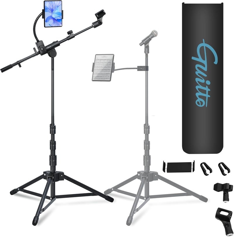 Guitto Microphone Floor Stand with Phone/Tablet Holder, Adjustable Boom Mic Stand with Heavy-Duty Base, Dual Device Mount for Streaming, Podcasting, Recording, and Live Performances GMS-04 - Image 1
